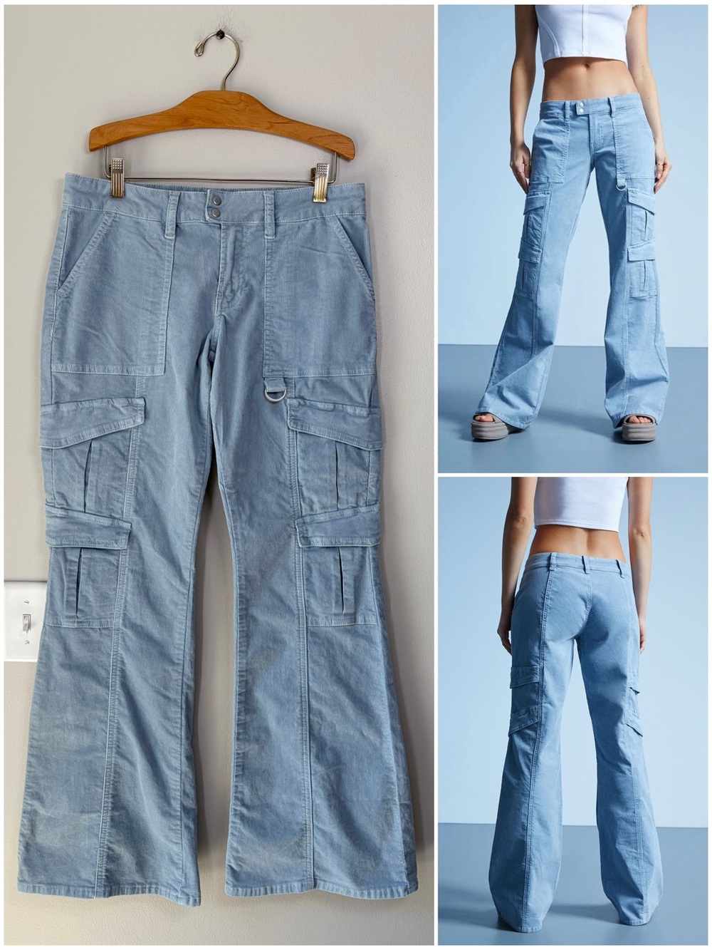 Pacsun Light Blue Low Rise Cargo Corduroy Raver Flare Pants